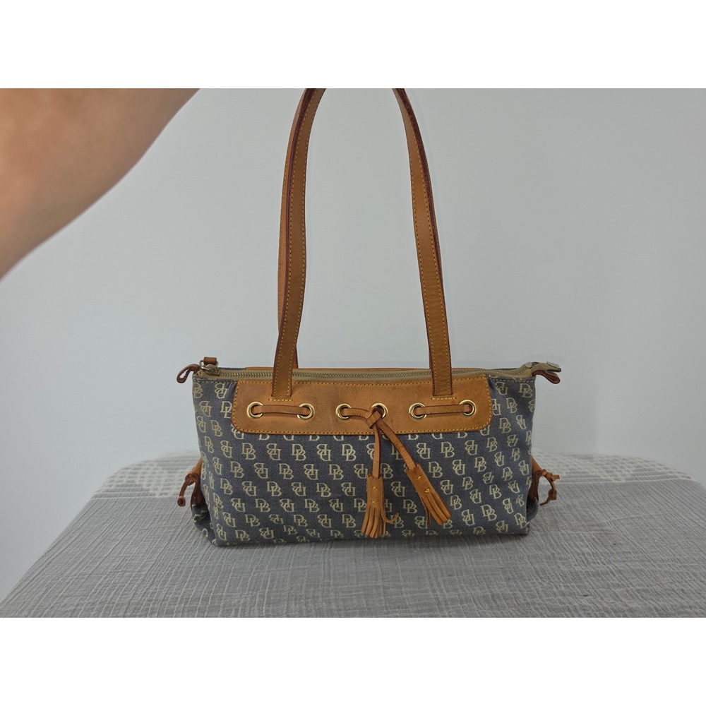 Dooney & Bourke Signature Monogram Blue Wool Cotton Shoulder Bag Tassel Tan Trim